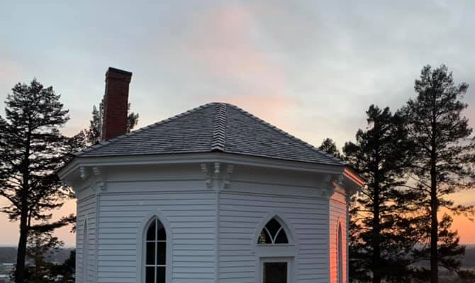 December 26, 2019.  Avoca’s Graceland Cemetary Octagon Building renovation project is officially complete!  Today Terry K. Philips of T.K. Enterprises installed the final windows. Pat Martin of Martin & Sons Construction was the primary contractor under Architect Peter Franks of The Franks Design Group. The Avoca city staff with the help of Josh Guyer of Guyer Concrete & Wall Systems provided the landscaping expertise.  (Courtesy Bill Dea)